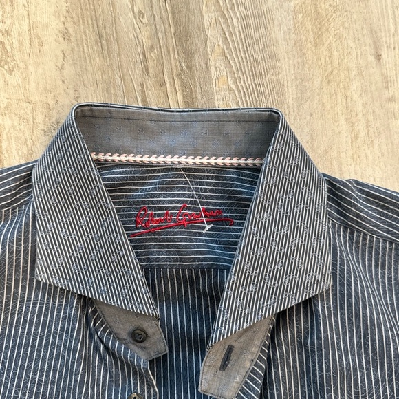 Robert Graham Blue Striped Dress Shirt Designer - Picture 4 of 6